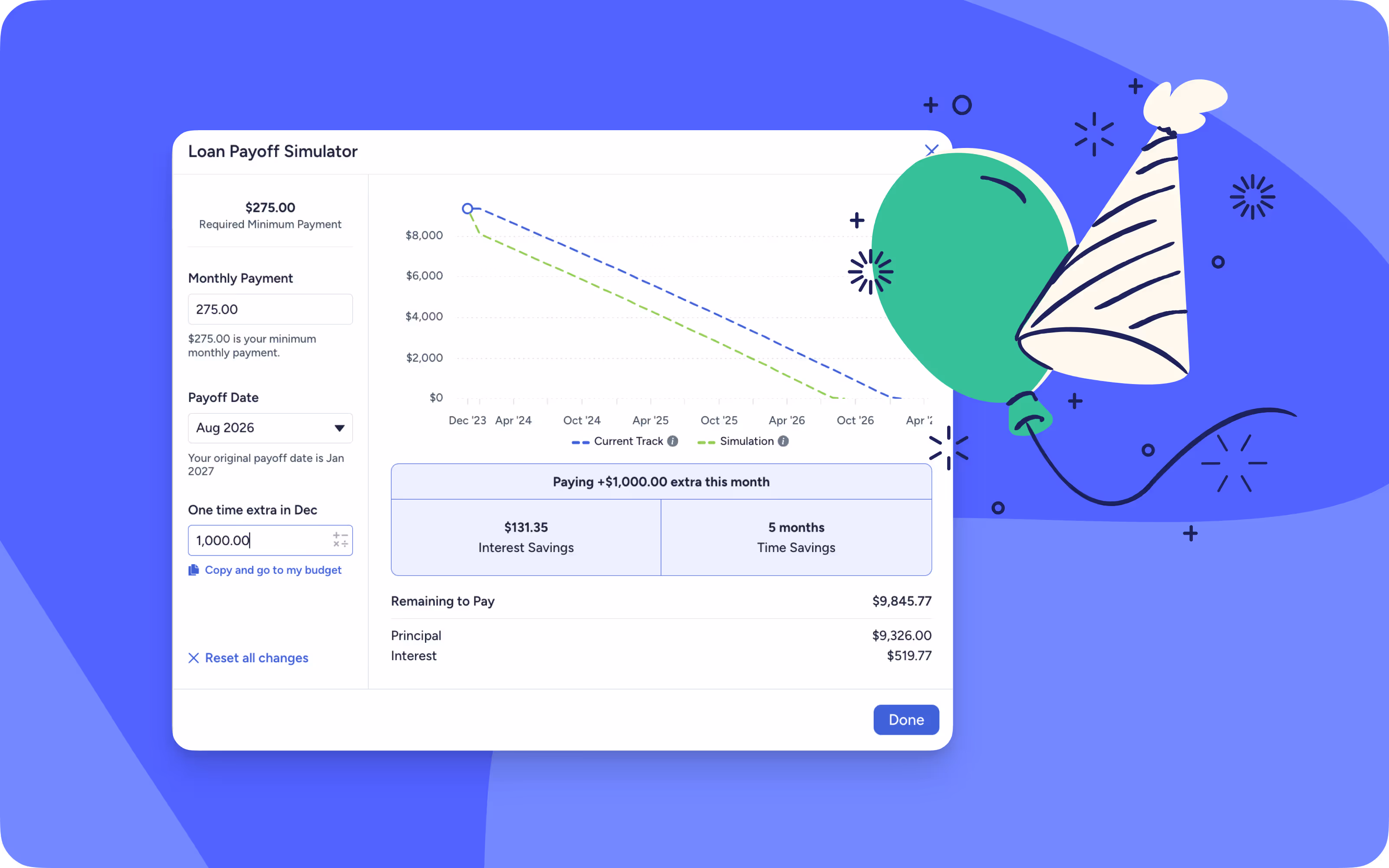 A picture of the Loan payoff simulator in the YNAB web app